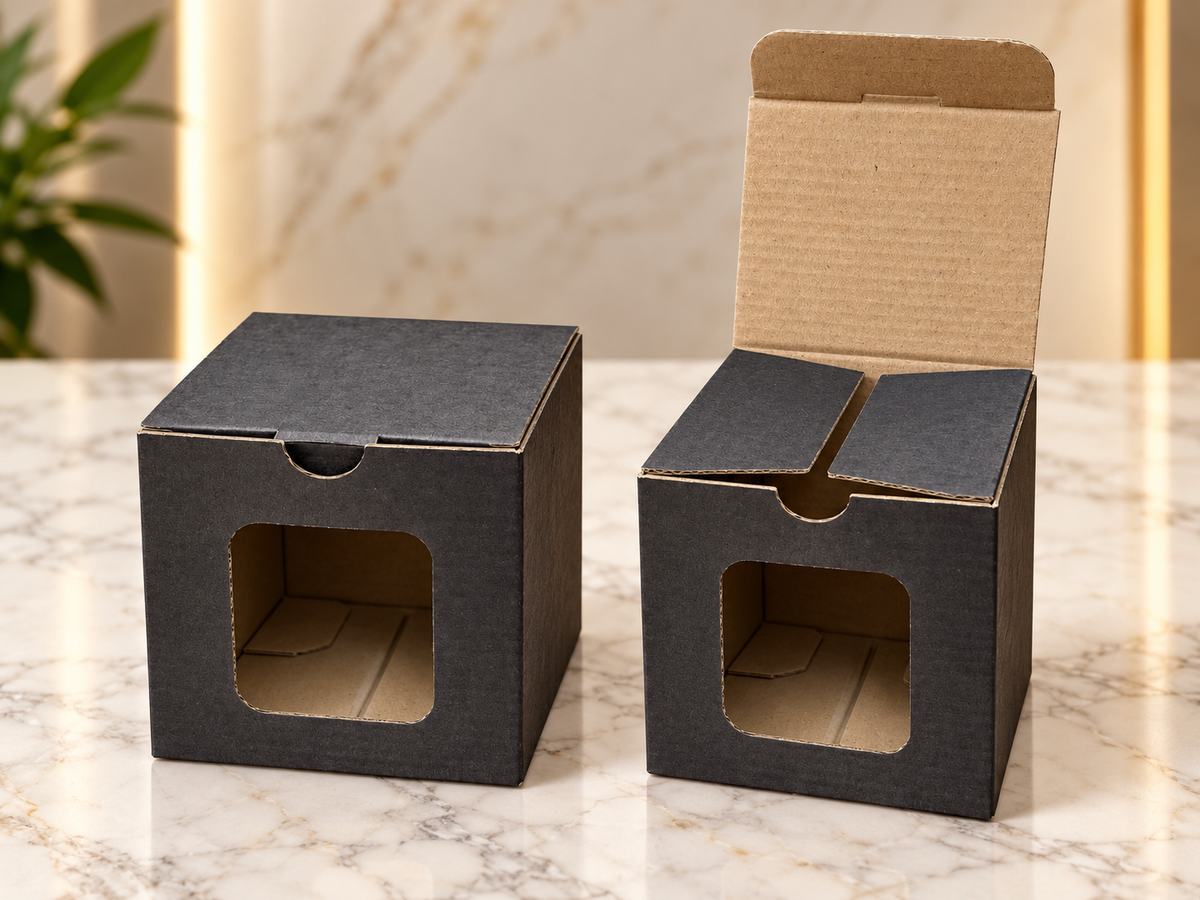Boîte Cadeau Noire en Carton Épais et Solide avec Fenêtre – 9,5 × 8 × 8 cm