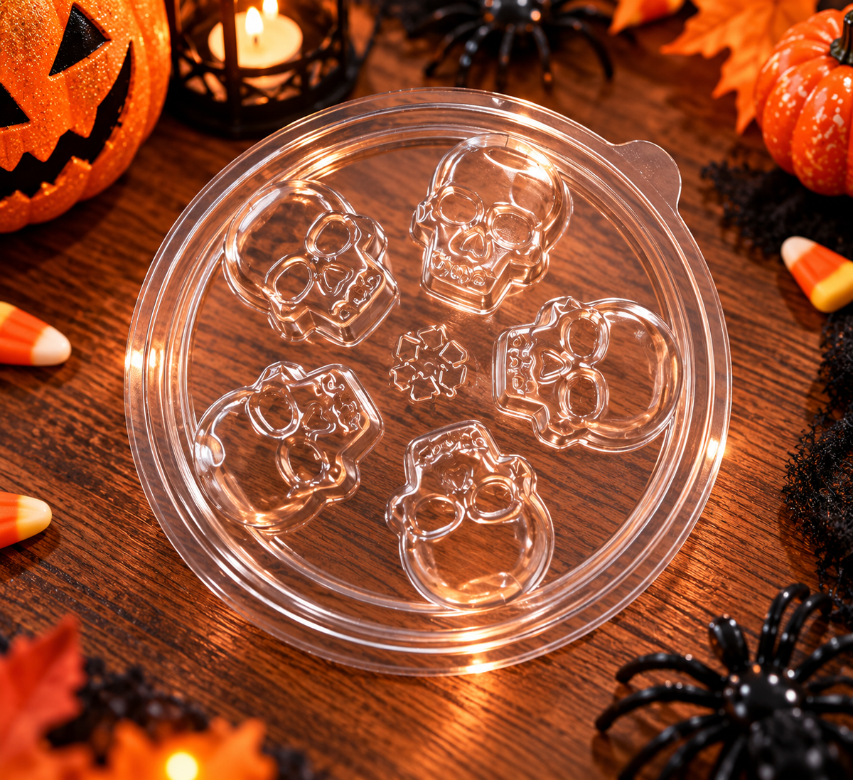 Clamshell Rond Halloween – 5 Têtes de Mort – Pour Fondants Parfumés