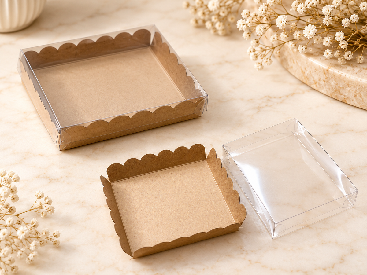 Boîte Cadeau Kraft avec Couvercle Transparent – 12 × 12 × 12 cm | Finition Festonnée