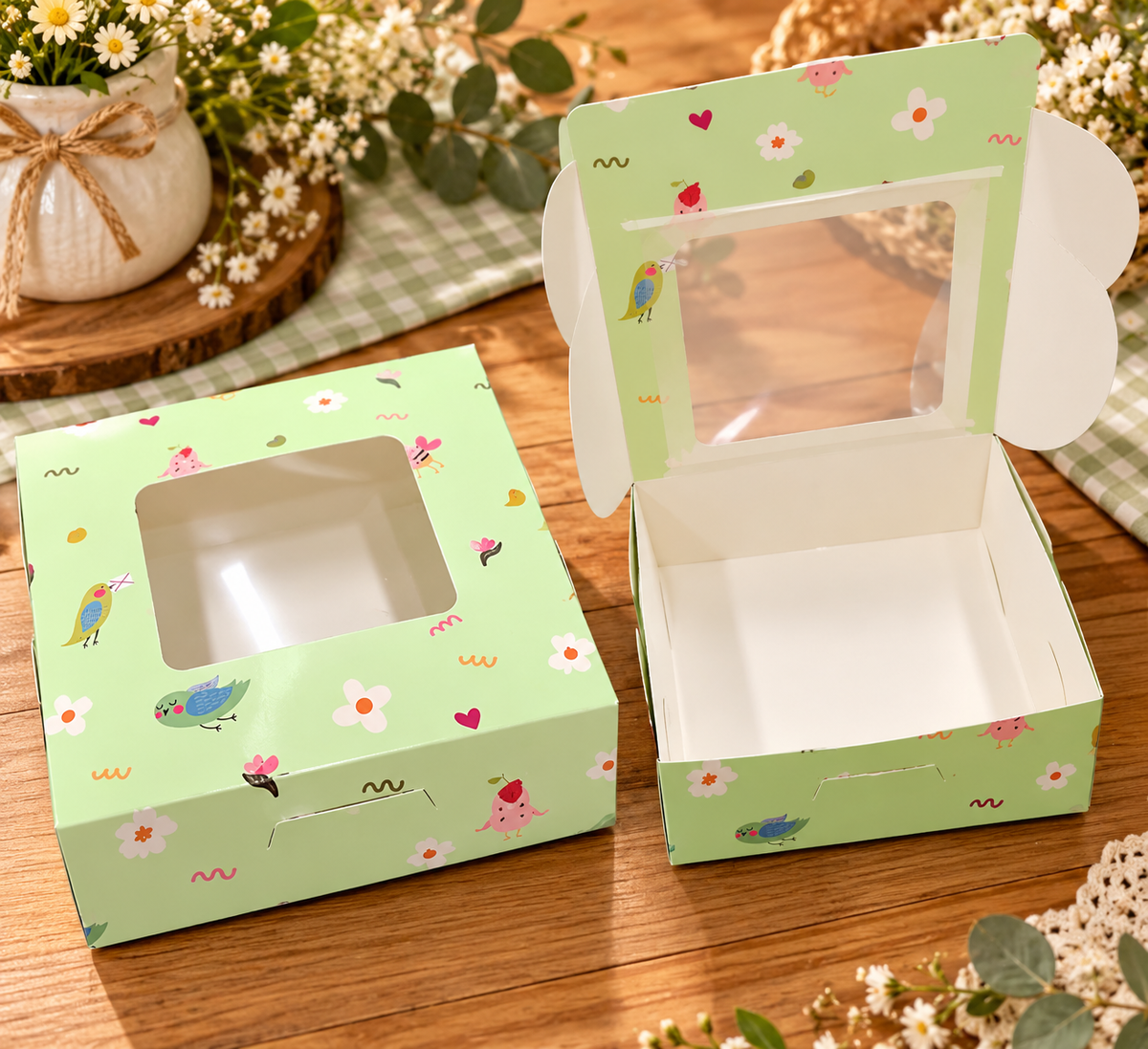 Boîte Cadeau Printanière avec Fenêtre Transparente – 15,5 × 15,5 × 7,5 cm
