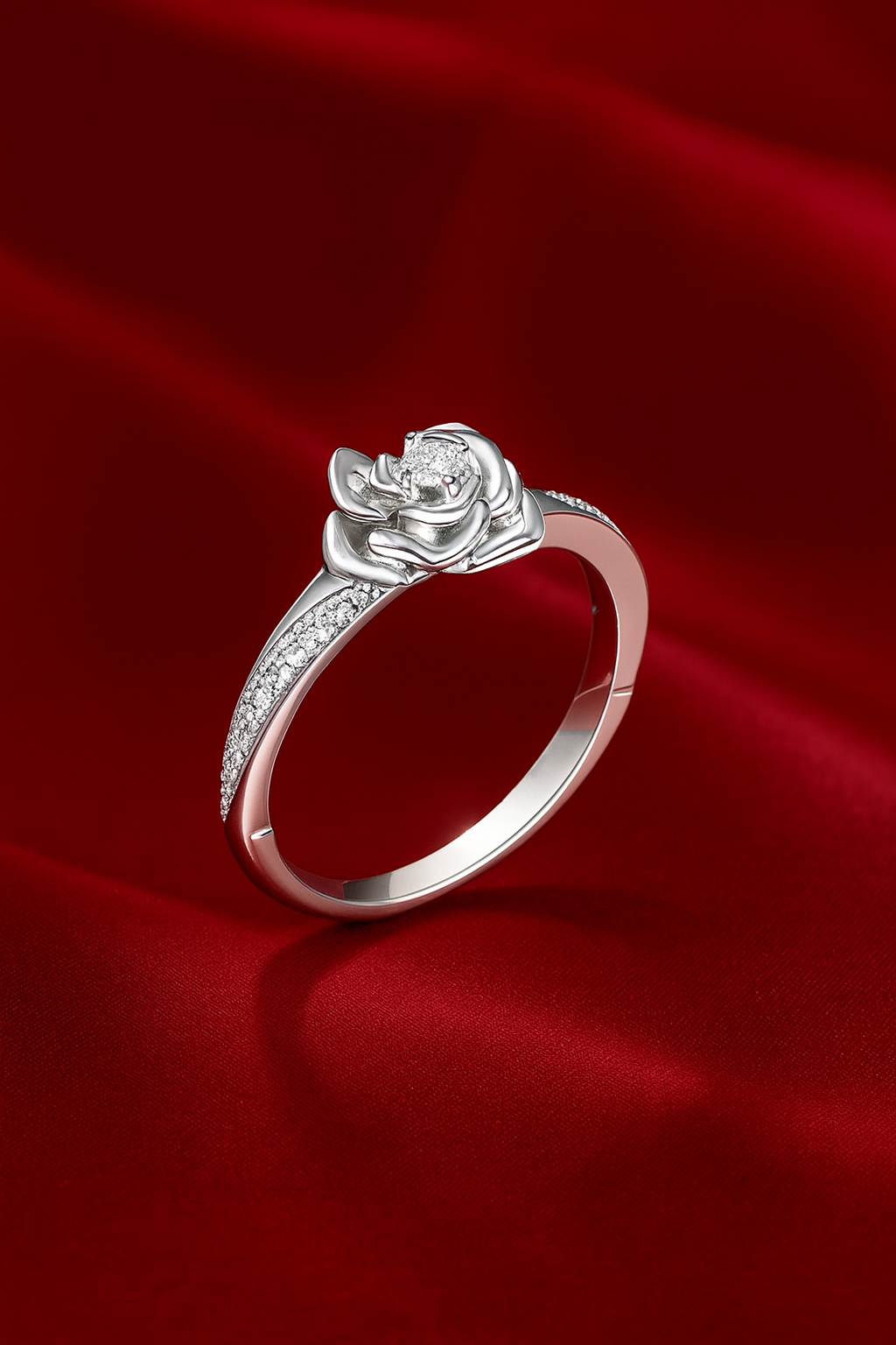 Bague réglable en argent 925 – Fleur de rose & petits brillants