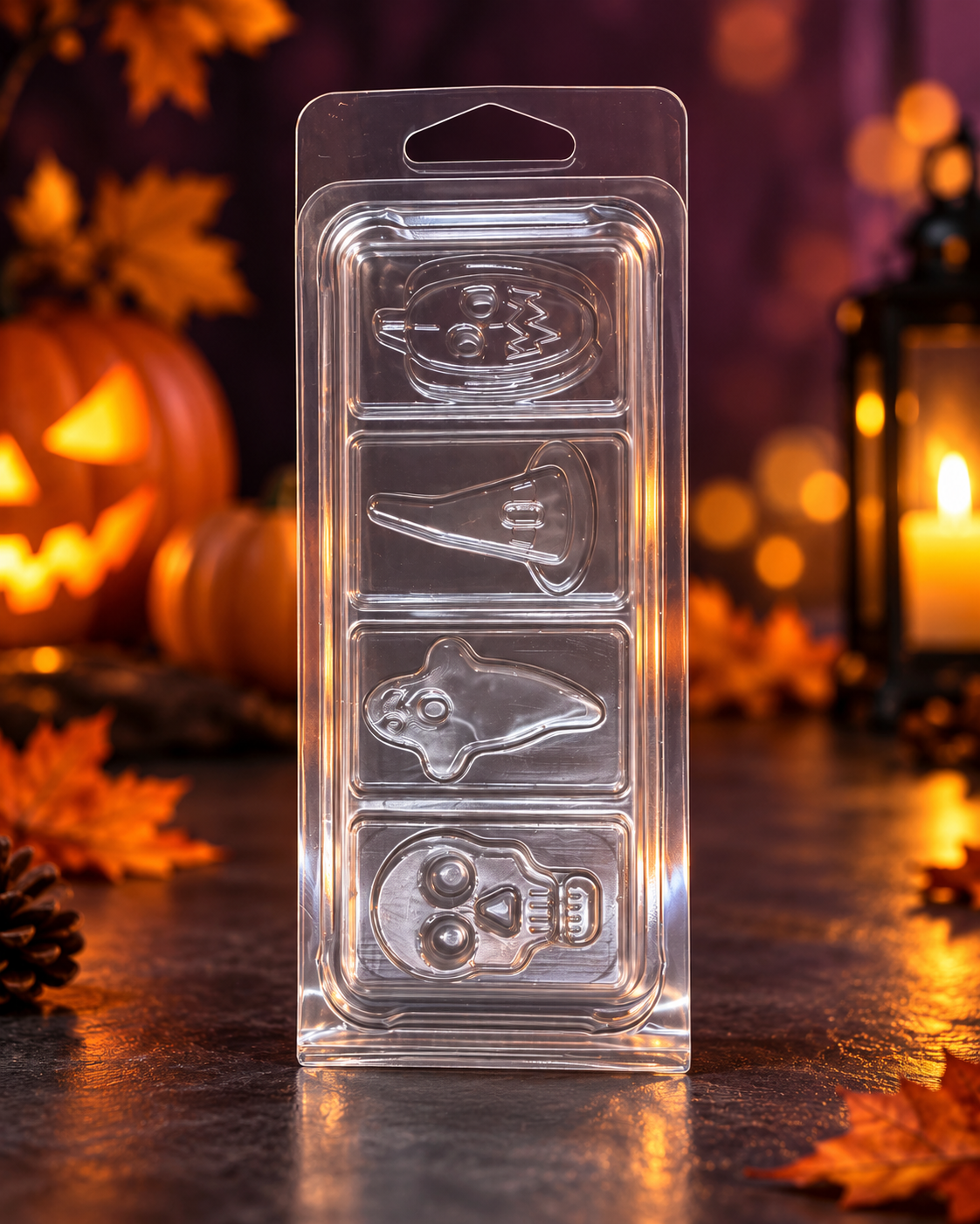 Clamshell Halloween – 4 Cavités – Fantôme, Sorcière & Tête de Mort