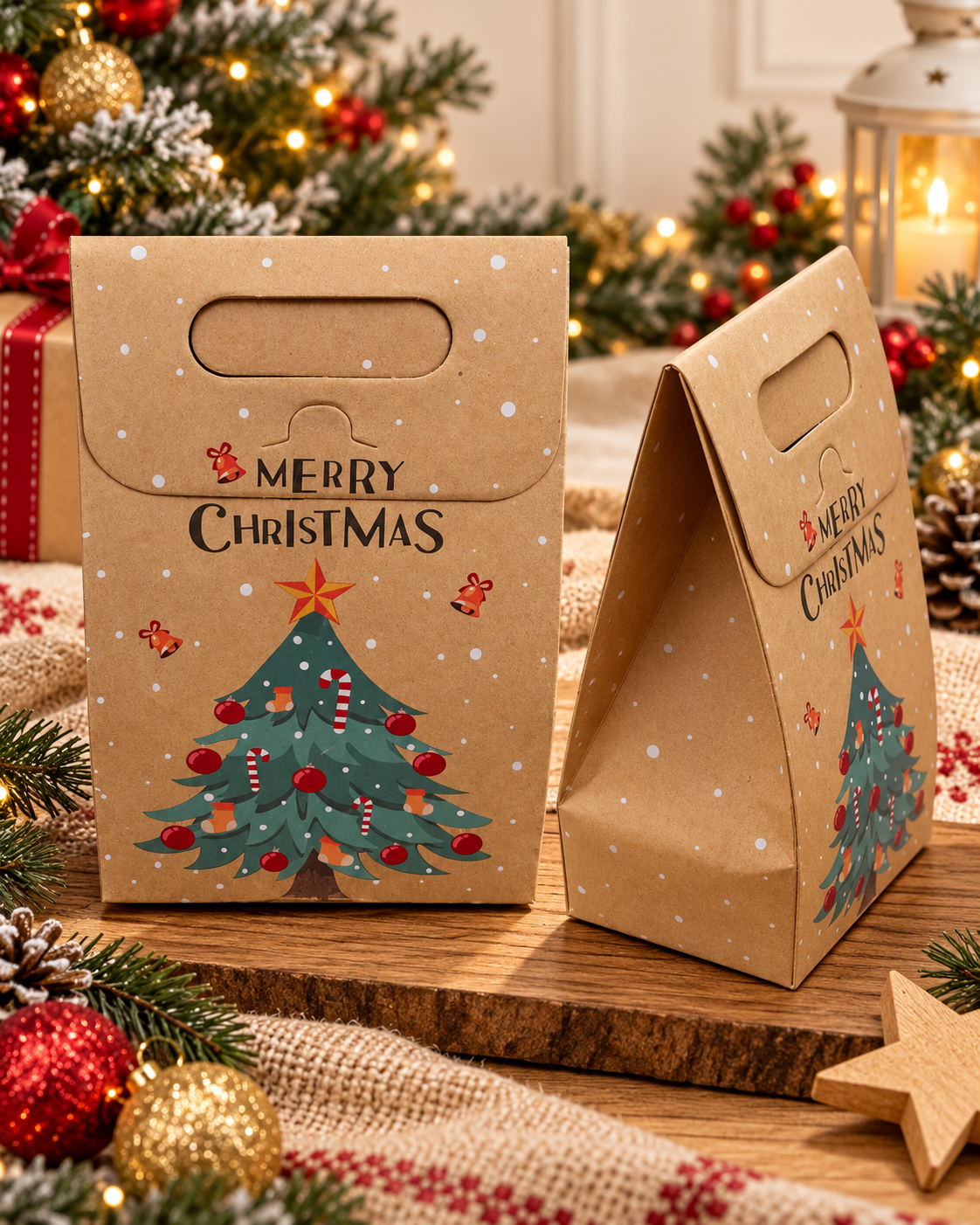 Boîte Cadeau de Noël Kraft avec Poignée – 15 × 10 × 6 cm | Décor Sapin de Noël