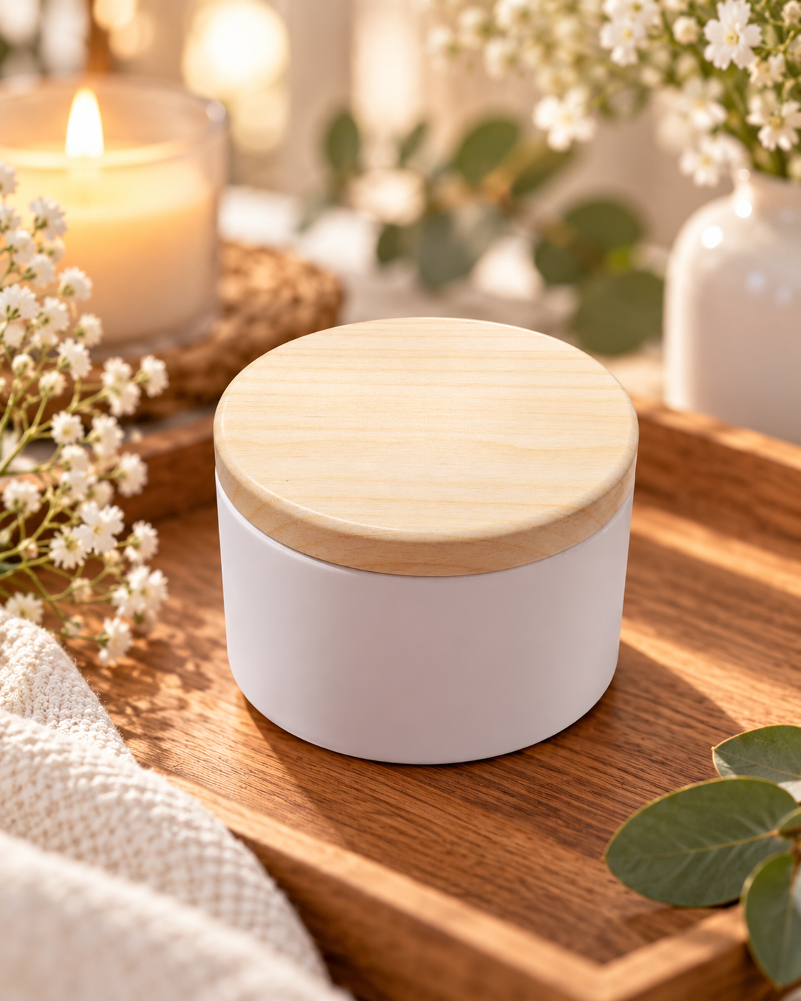Boîte Métallique Blanche avec Couvercle Effet Bois – 100 ml