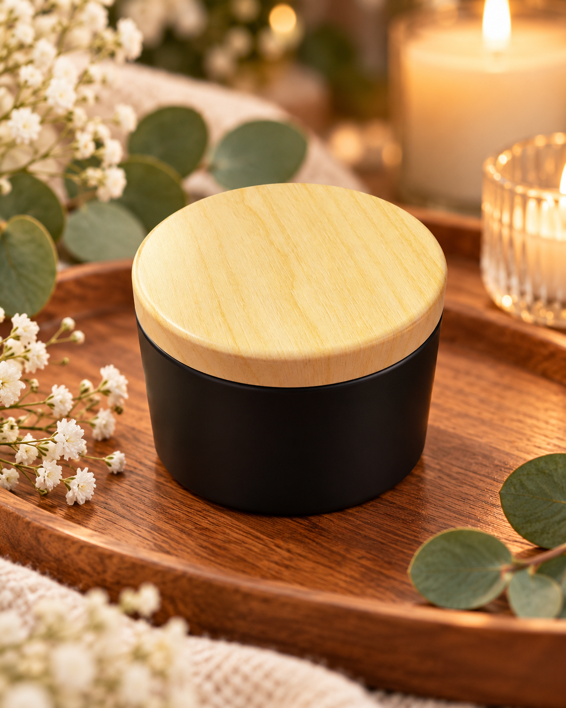 Boîte Métallique Noire avec Couvercle Effet Bois – 100 ml