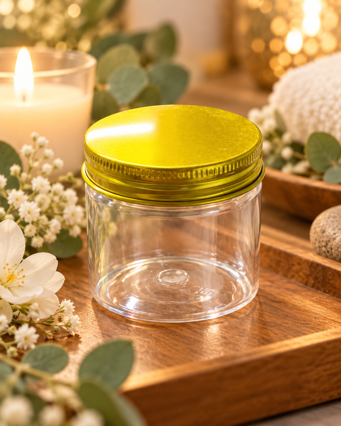 Pot Rond en Plastique Transparent avec Couvercle Métallique Doré – 80 ml