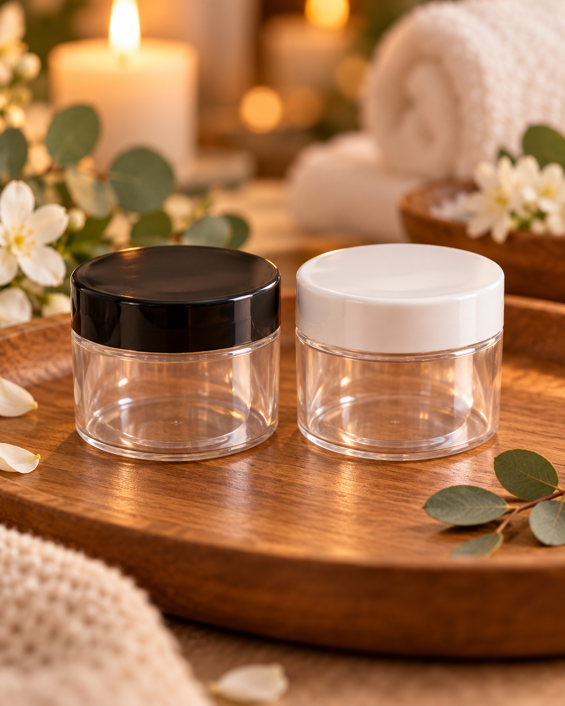 Pot Rond en Plastique Transparent – 100 ml | Couvercle Blanc ou Noir