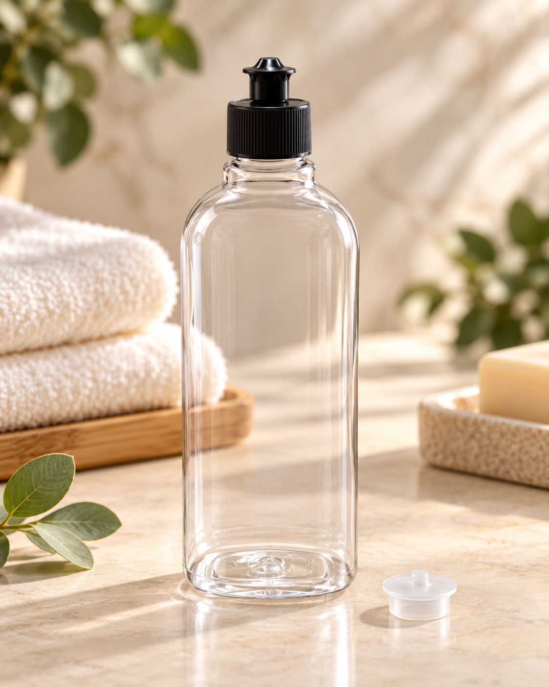 Flacon en Plastique Transparent avec Bouchon Noir Push-Pull – 500 ml