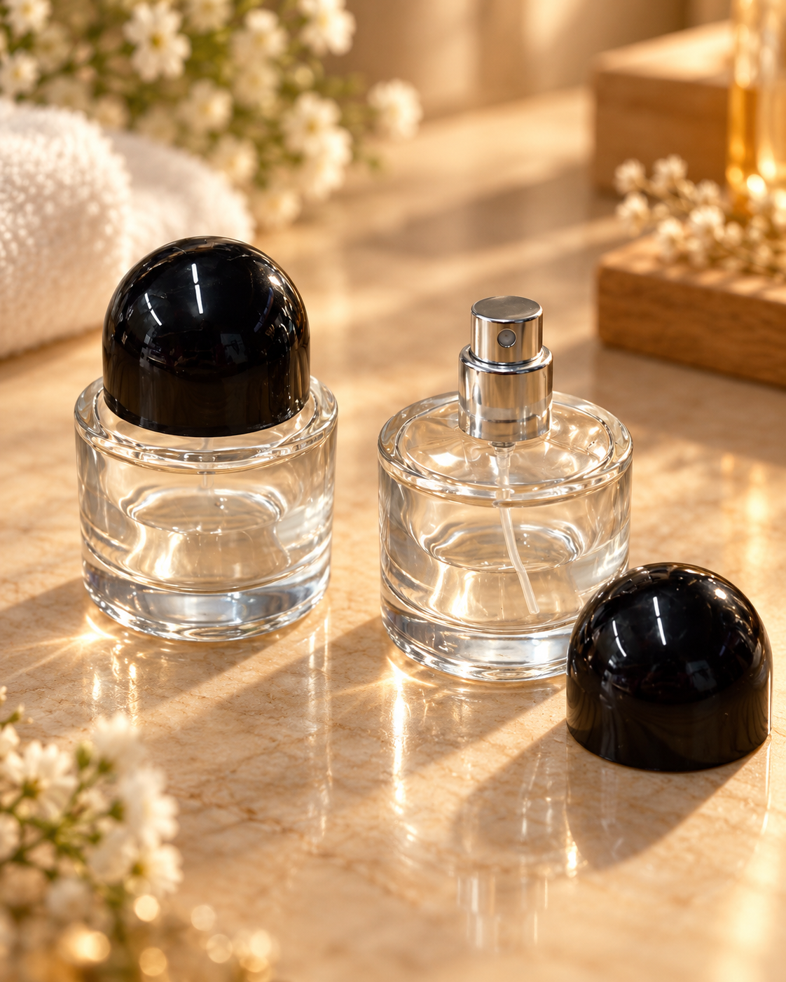 Flacon de Parfum en Verre Transparent – 30 ml | Vaporisateur Argenté & Capuchon Noir