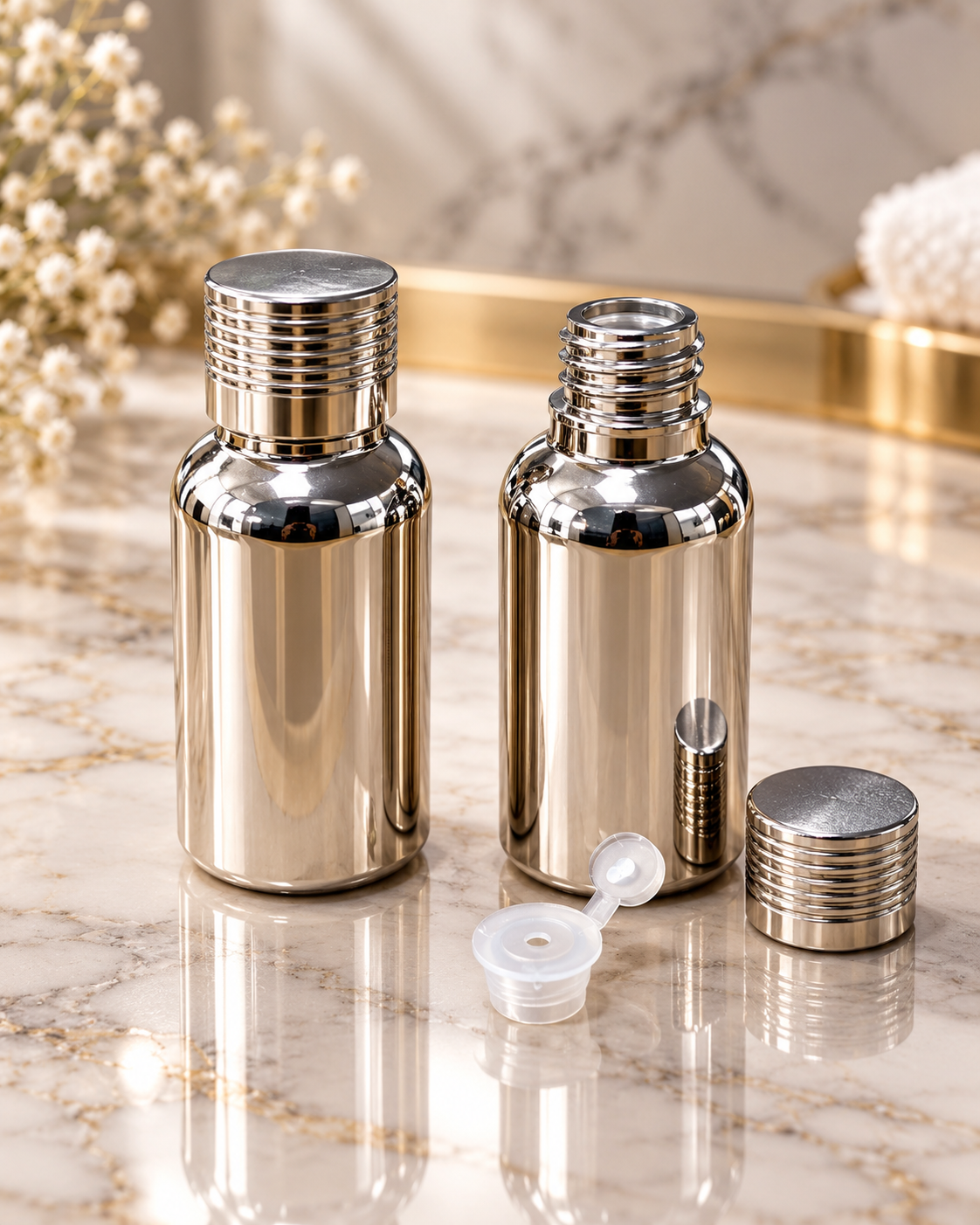 Flacon en Verre avec Finition Argentée Chromée – 30 ml | Bouchon Vissable & Opercule