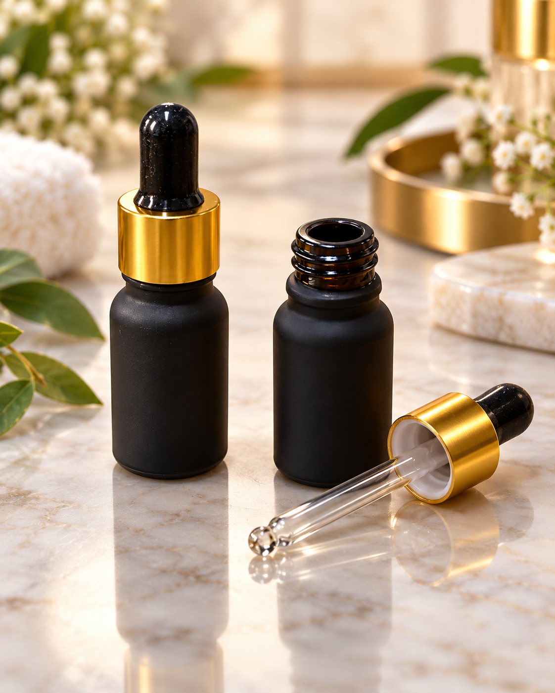 Flacon Compte-Gouttes en Verre Noir Mat – 10 ml | Pipette & Bague Dorée