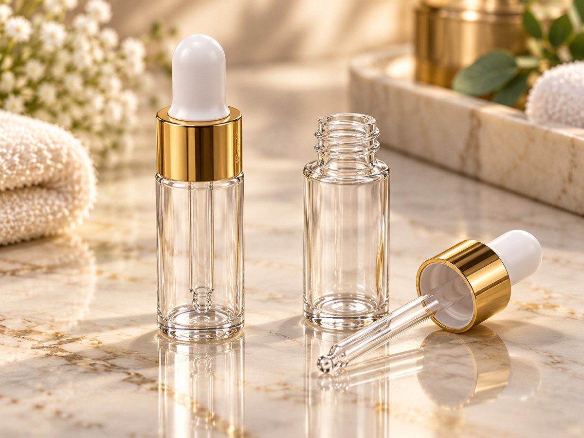 Flacon Compte-Gouttes en Verre Transparent â 10 ml | Pipette Blanche & Bague DorĂ©e