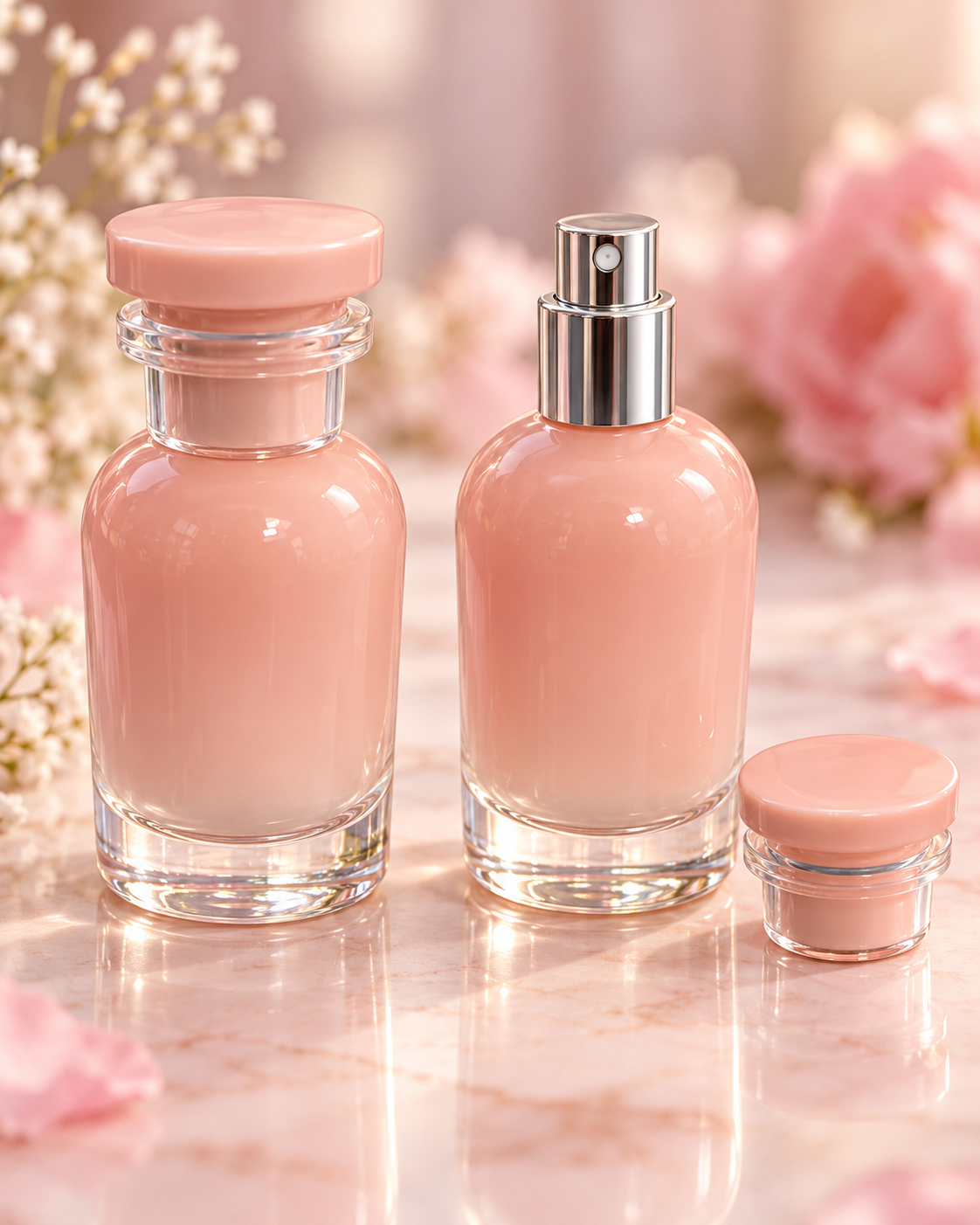Flacon de Parfum en Verre Rose Poudré – 30 ml | Vaporisateur Argenté & Bouchon Élégant