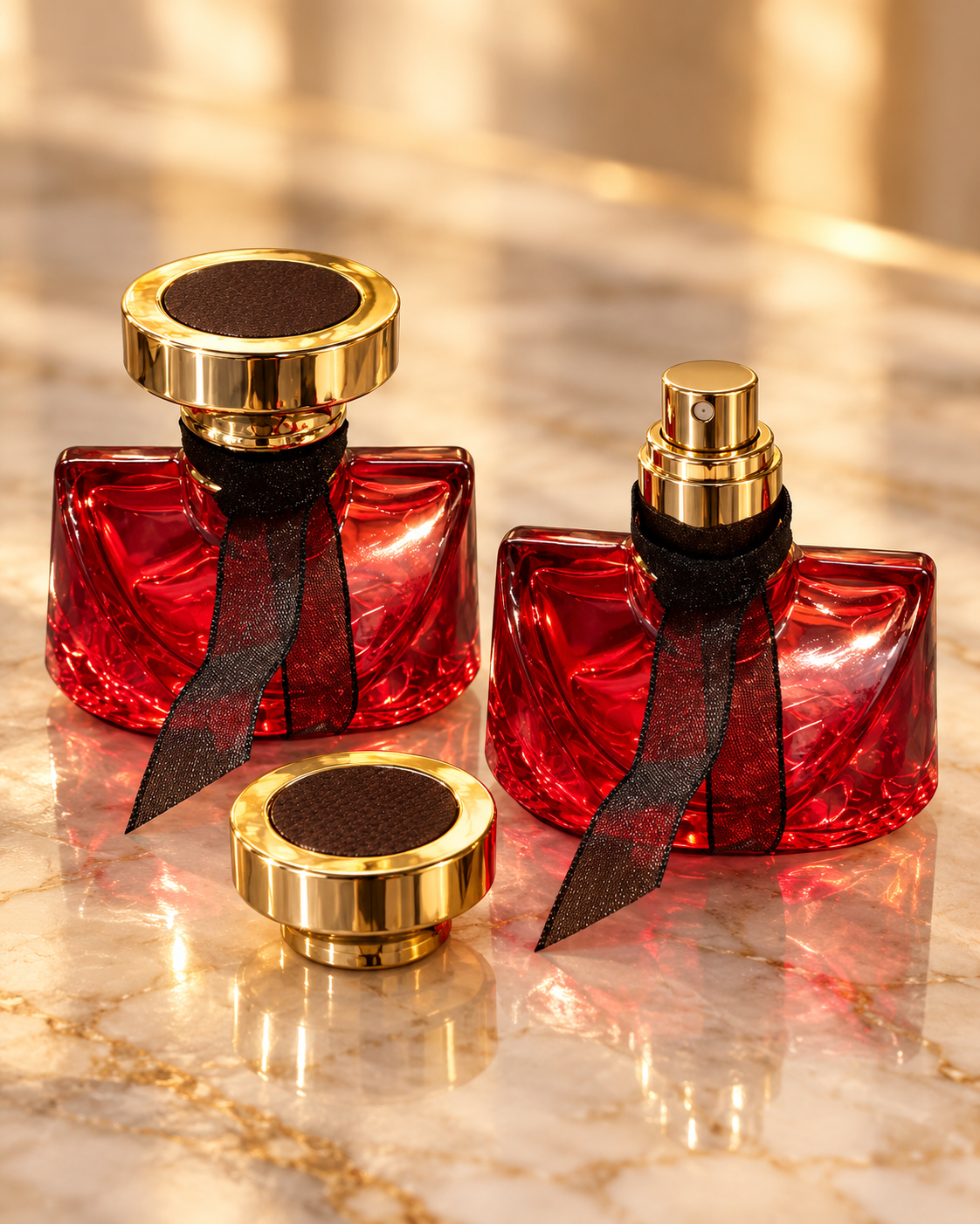 Flacon de Parfum en Verre Rouge Rubis – 30 ml | Vaporisateur Doré & Ruban Noir