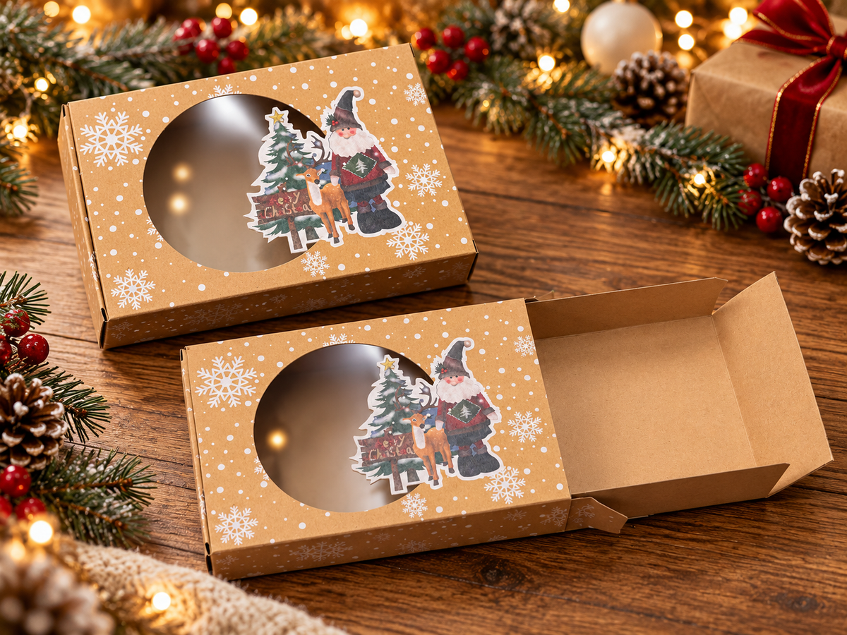 Boîte Cadeau de Noël en Carton Kraft avec Fenêtre Transparente – 18 × 12 × 5 cm