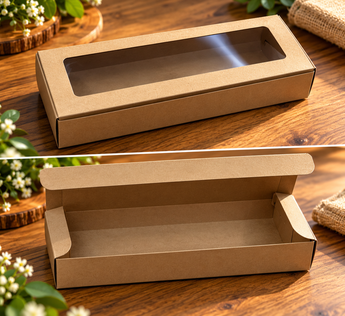 Boîte cadeau kraft avec fenêtre transparente – 20 × 7 × 5 cm