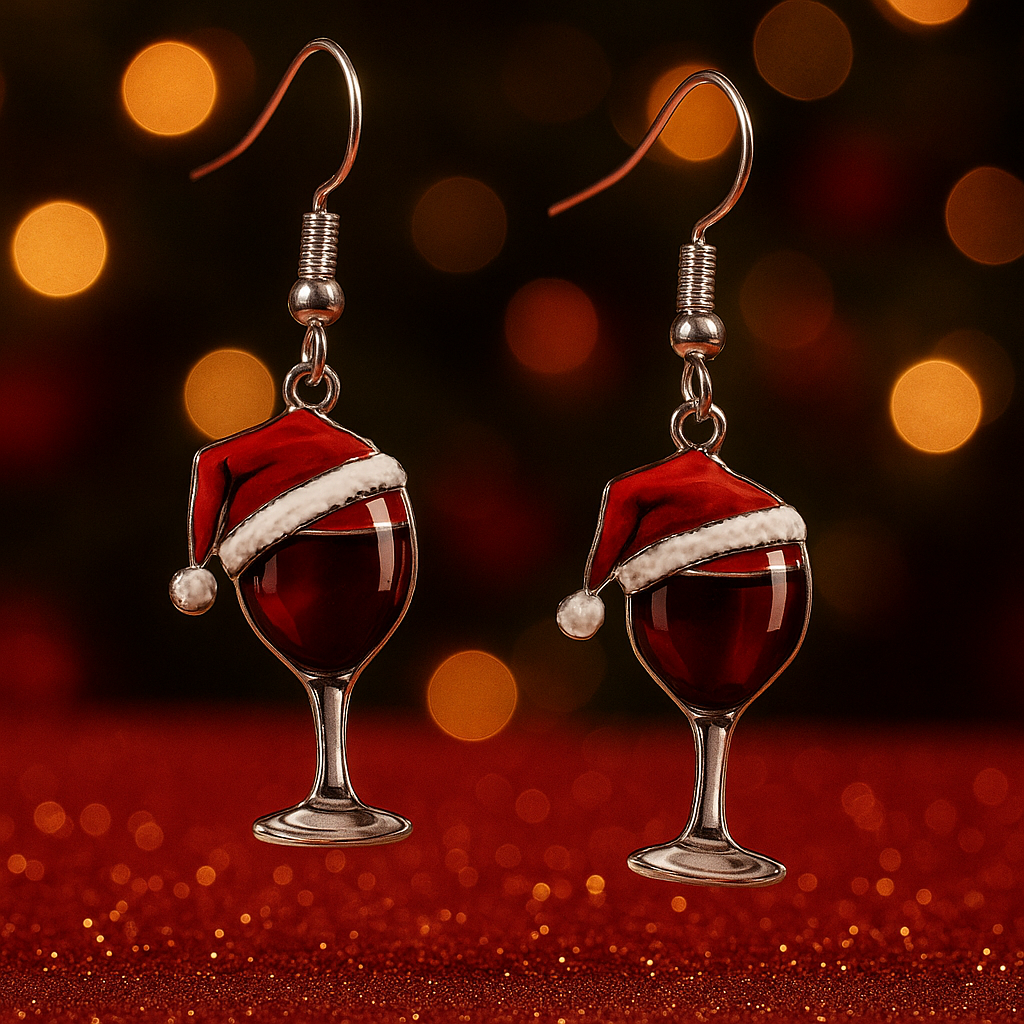 Boucles d’oreilles Noël — Chapeau du Père Noël & Verre de vin rouge