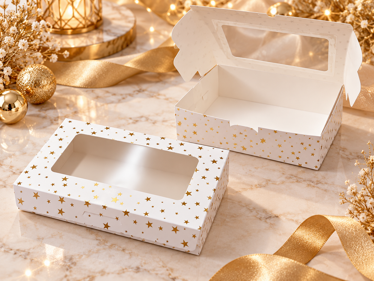 Boîte Cadeau Blanche aux Étoiles Dorées avec Fenêtre Transparente – 23 × 15,5 × 7,5 cm