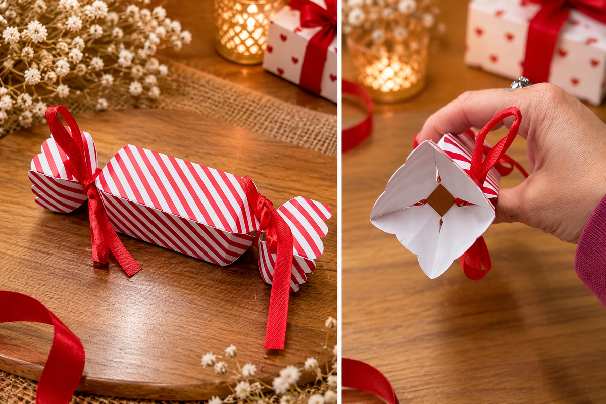 Boîte Cadeau en Forme de Bonbon – Rouge et Blanc – 8 × 4 × 4 cm
