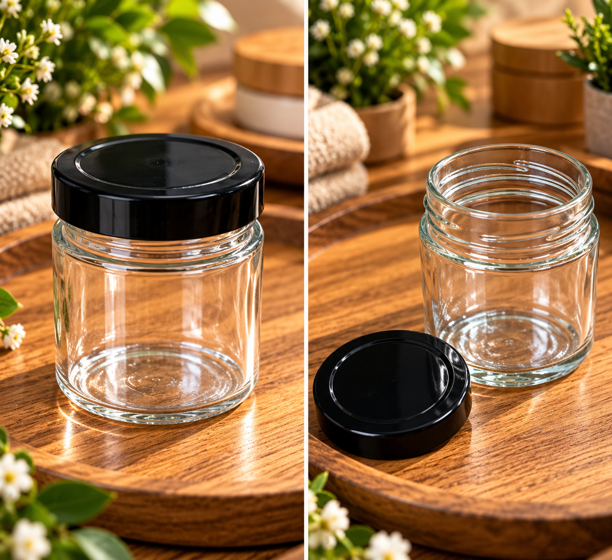 Pot en verre transparent 200 ml – Couvercle noir à visser