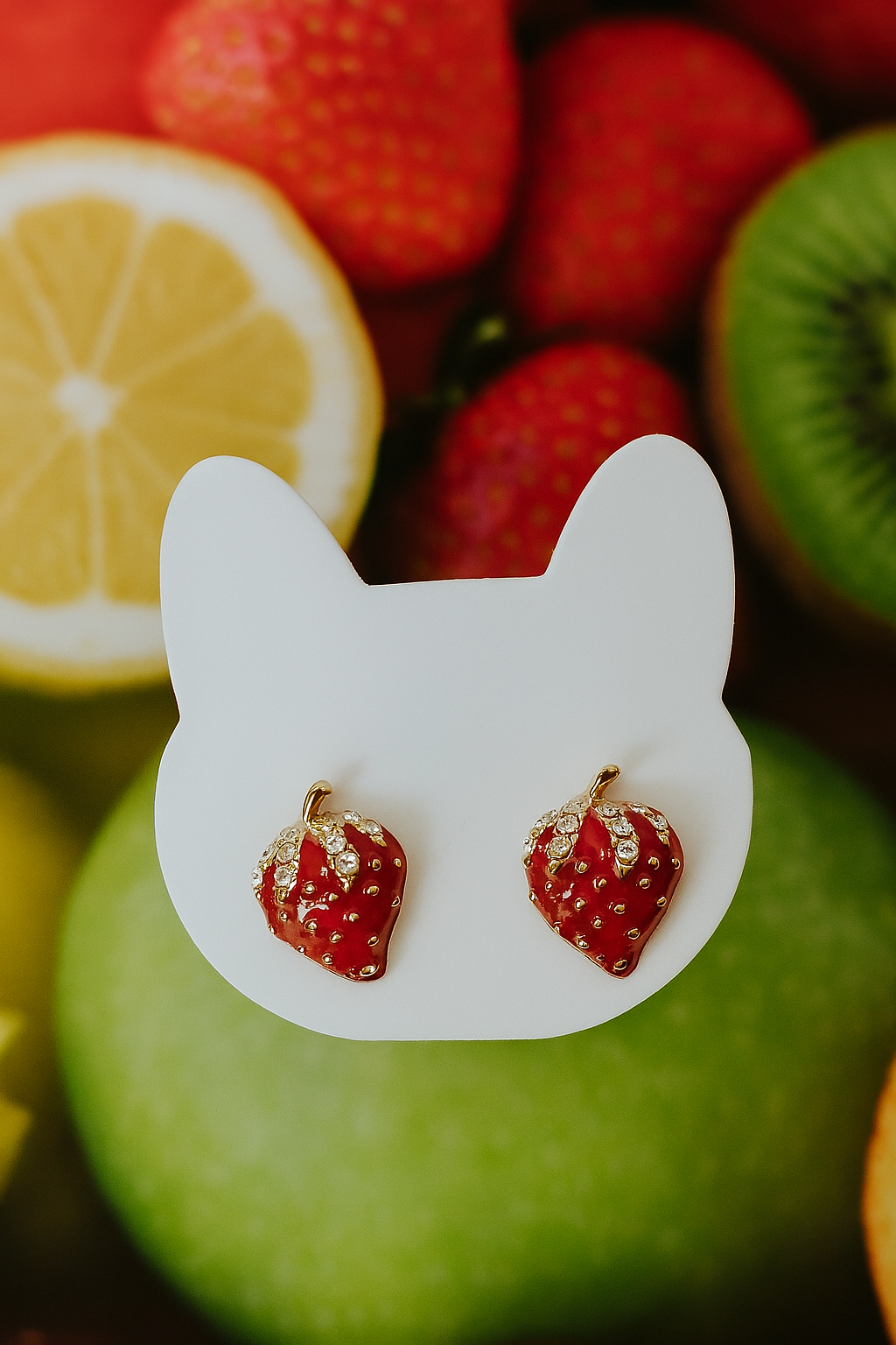 Boucles d’Oreilles Fantaisie – Fraise Strass & Acier Inoxydable