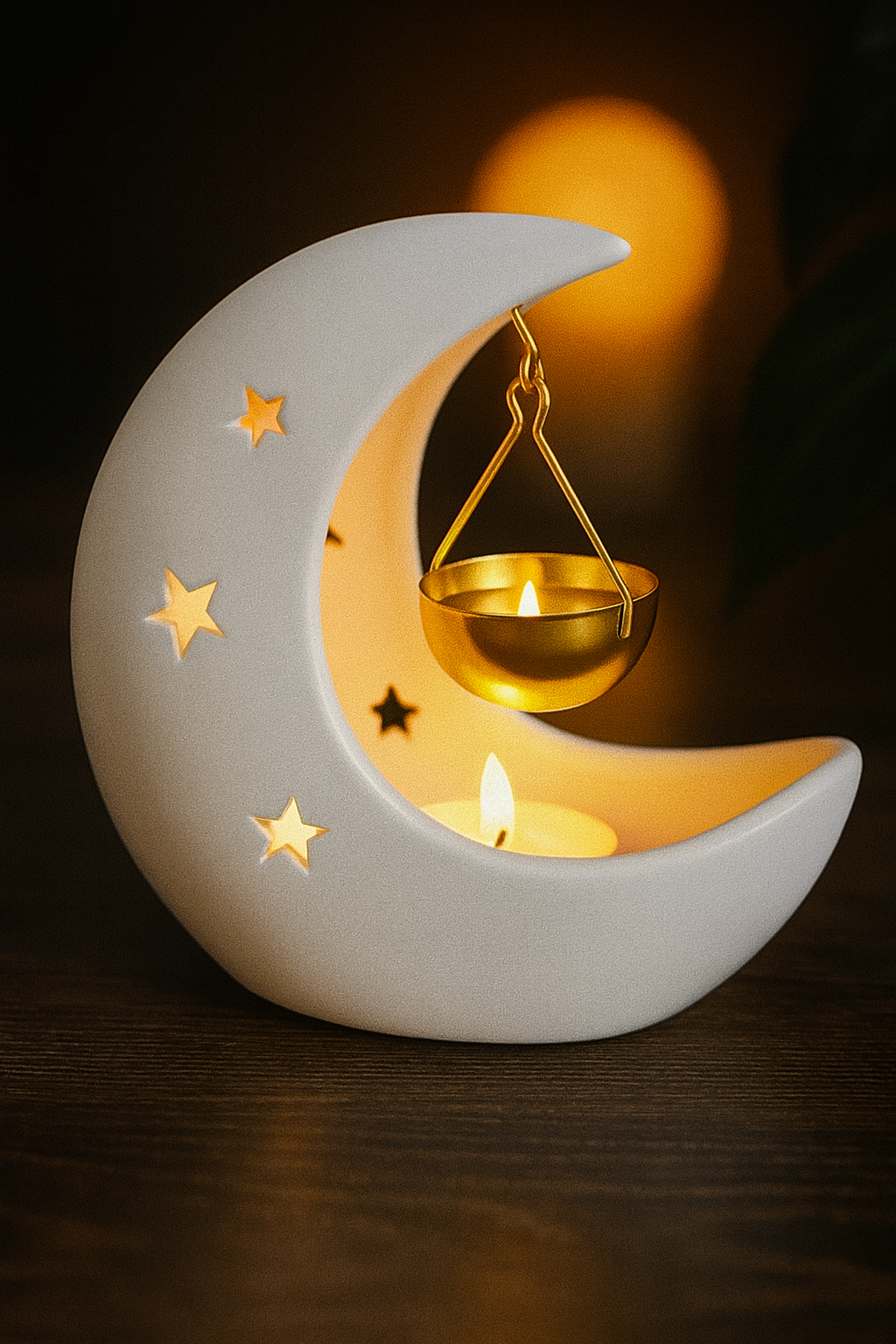 Brûleur Lune Croissante Blanche avec Coupelle Dorée
