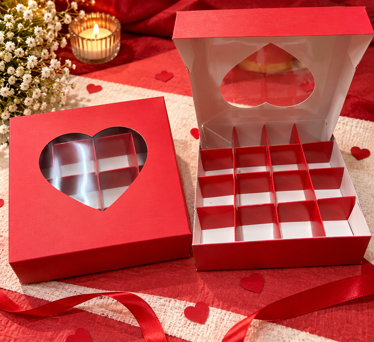 Boîte Cadeau Rouge avec Fenêtre Cœur et 12 Compartiments – 15 × 15 × 3,5 cm