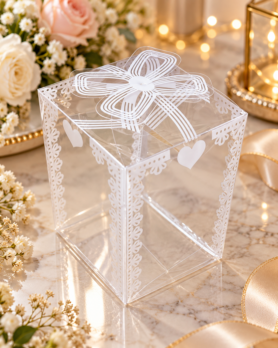 Boîte Cadeau Transparente avec Nœud et Motifs Dentelle – 10,5 × 6 × 6 cm