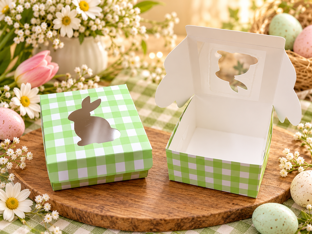 Boîte Cadeau de Pâques avec Fenêtre Lapin – 10 × 10 × 6,5 cm | Couleurs Aléatoires