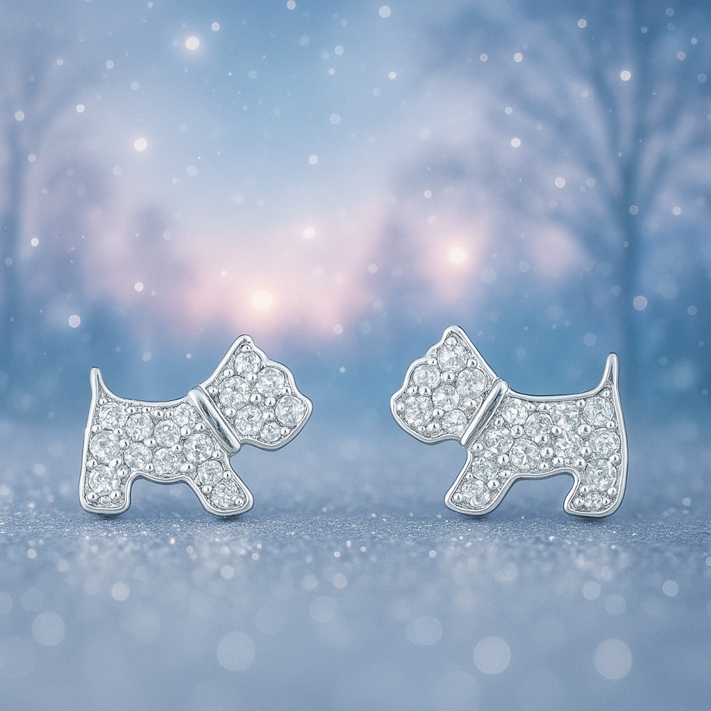 Boucles d’Oreilles en Argent 925 – Petit Chien avec Strass