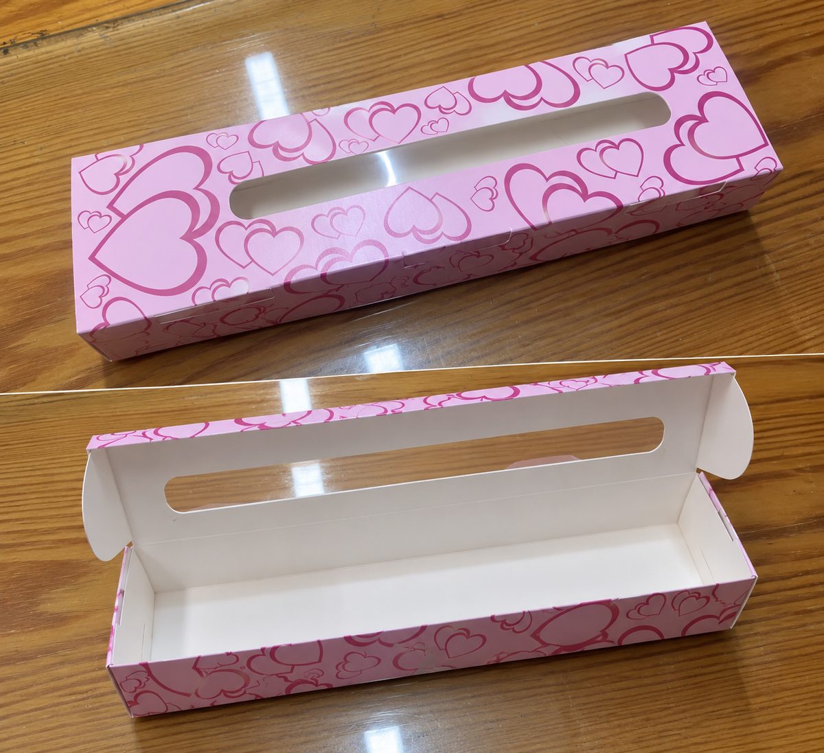 Boîte Cadeau Rose à Cœurs avec Fenêtre Transparente – Spéciale 3 Clamshells Rondes | 23 × 6,5 × 3,5 cm