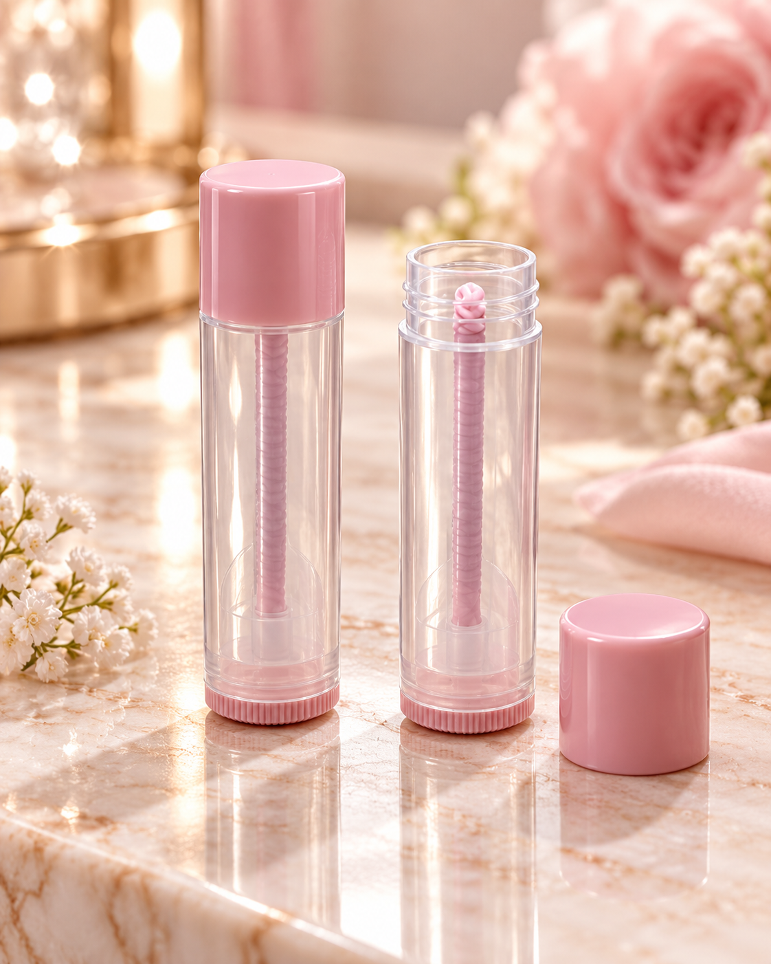 Tube à baume à lèvres transparent avec bouchon rose – À remplir
