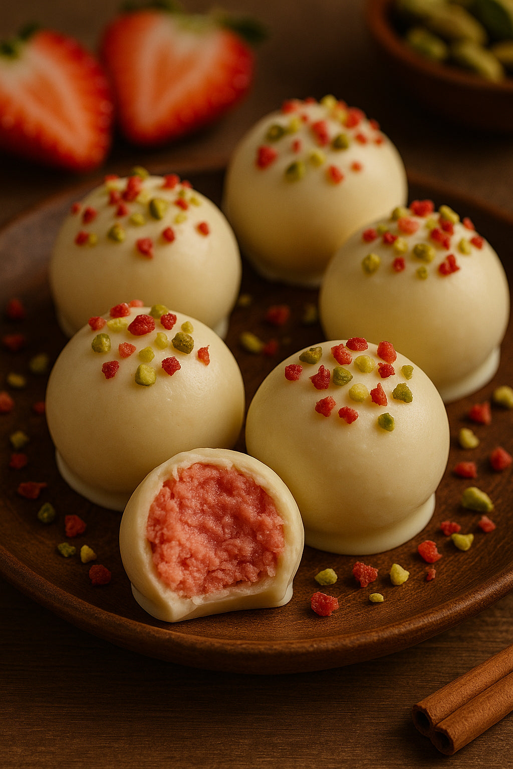 Truffe chocolat blanc fraise & pistache