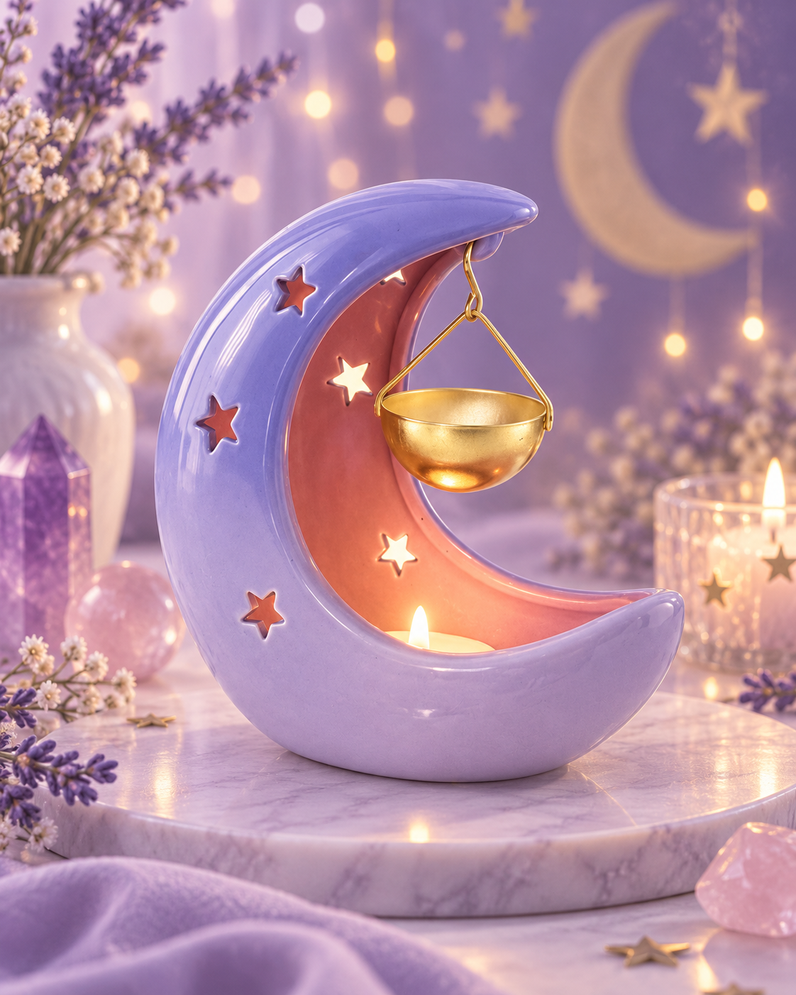 Brûleur Lune Croissant Pastel Violet – Bol suspendu doré