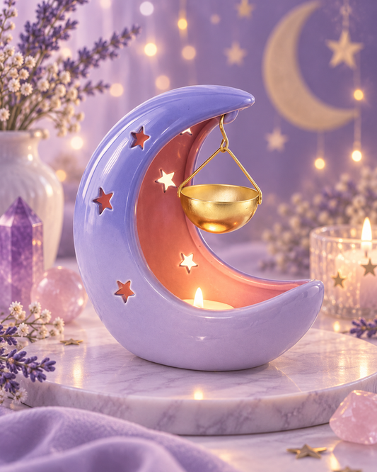 Brûleur Lune Croissant Pastel Violet – Bol suspendu doré
