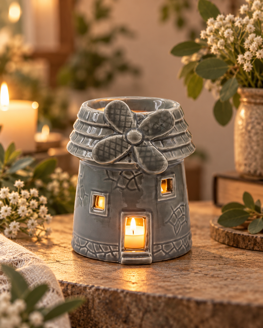 Brûleur à Parfum Moulin Enchanté Gris – Douceur & Charme d’Antan