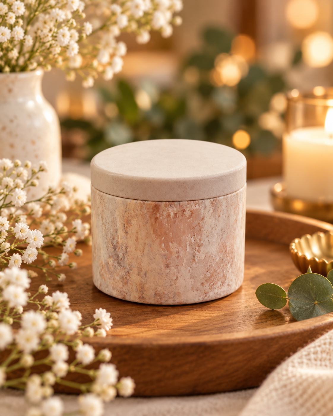Boîte Métallique Effet Marbre Beige Rosé – 100 ml