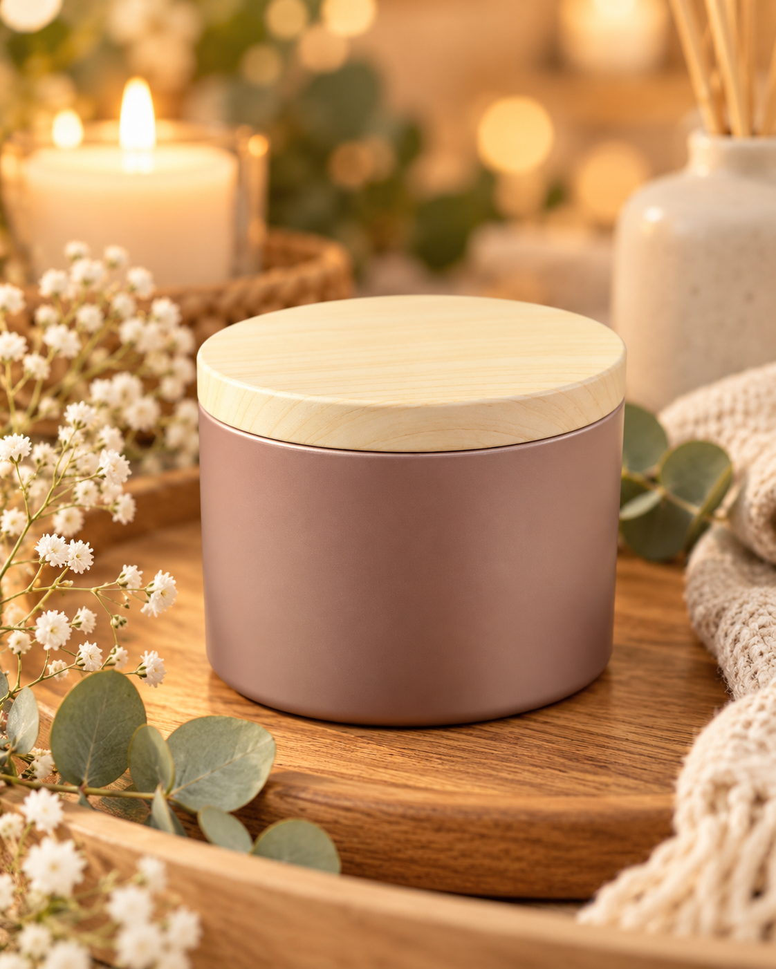 Boîte Métallique Ronde Taupe avec Couvercle Effet Bois – 180 ml