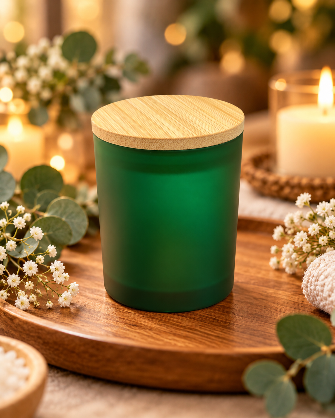 Pot en Verre Vert avec Couvercle en Bois Naturel – 200 ml