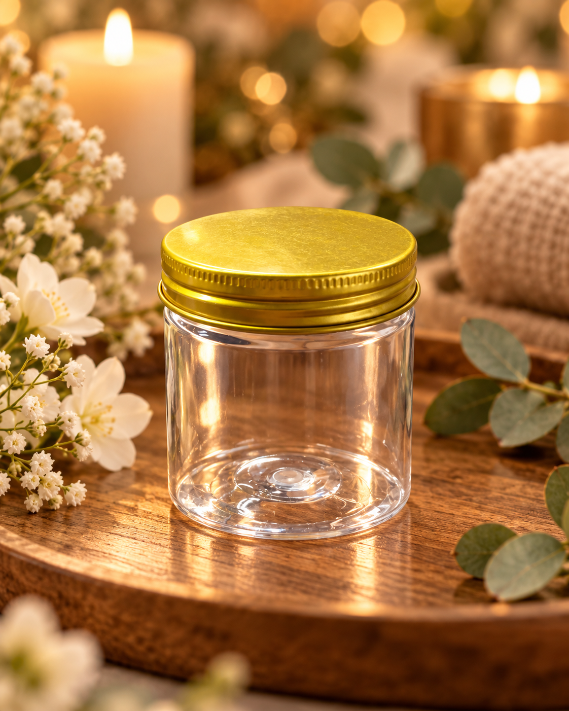 Pot Rond en Plastique Transparent avec Couvercle Métallique Doré – 100 ml