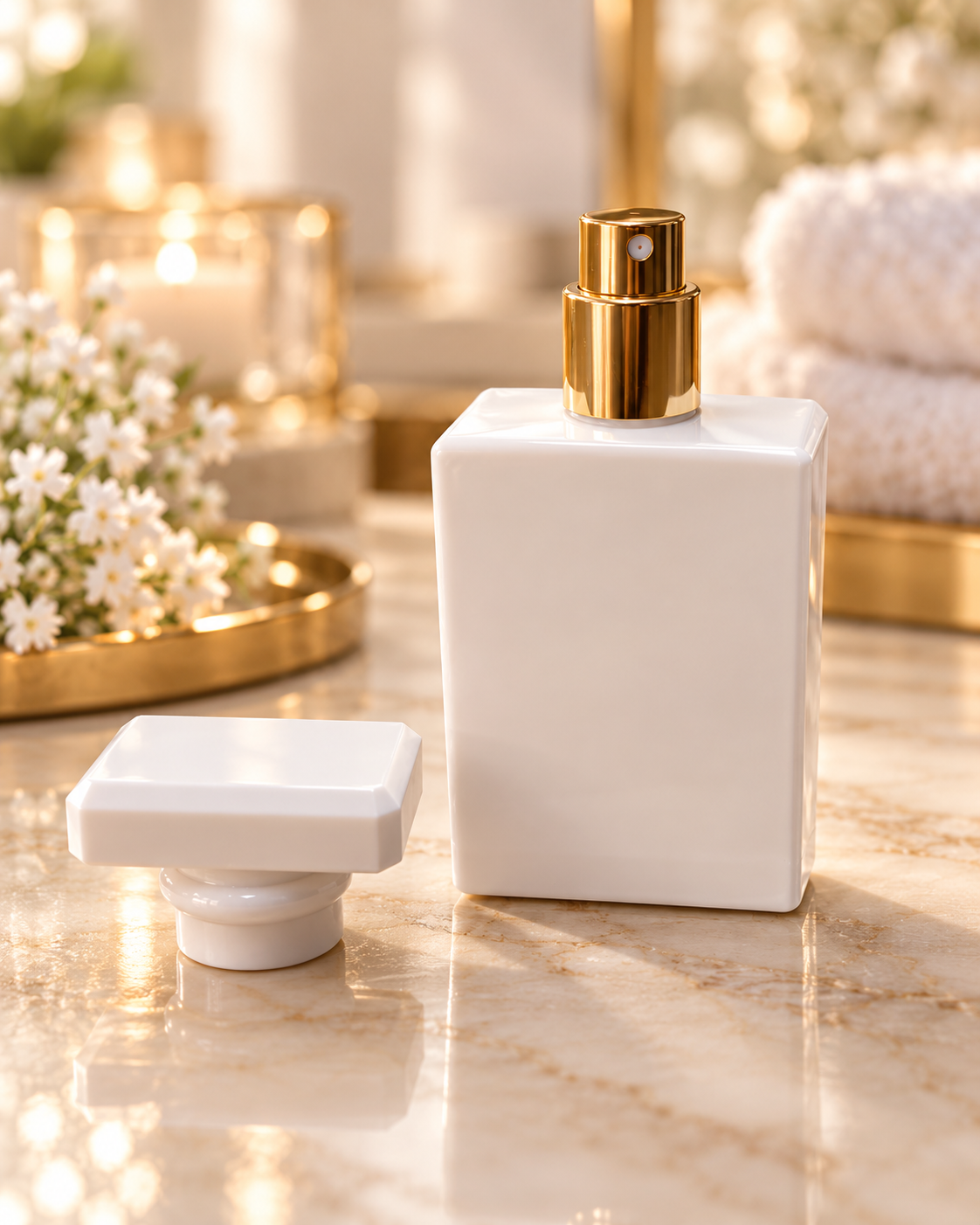 Flacon de Parfum en Verre Blanc – 30 ml | Vaporisateur Doré & Bouchon Géométrique