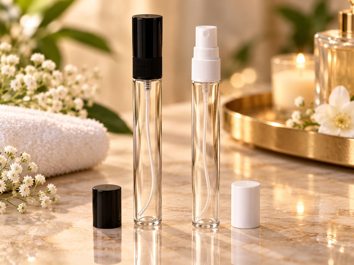 Mini Flacon Vaporisateur en Verre Transparent – 10 ml | Noir ou Blanc