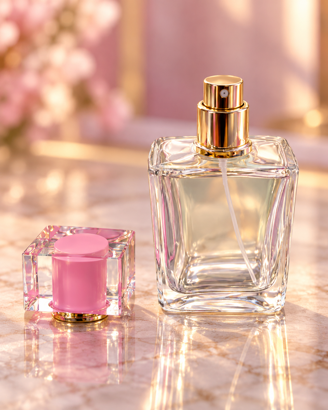 Flacon de Parfum en Verre Transparent – 50 ml | Vaporisateur Doré & Bouchon Cristal Rose