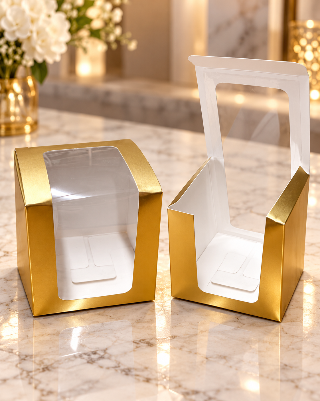 Boîte Cadeau Dorée avec Fenêtre Transparente – 10 × 8 × 8 cm | Idéale pour Bougies Parfumées