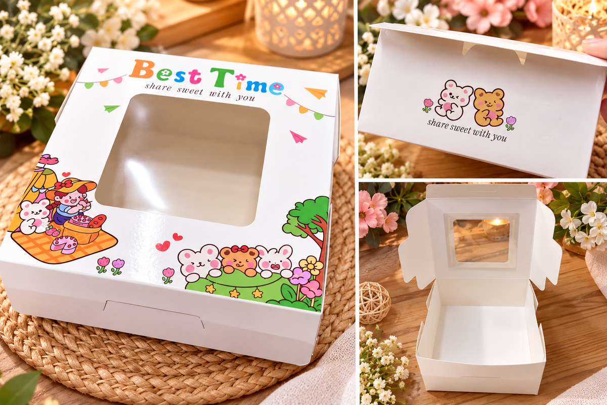 Boîte Cadeau « Best Time » avec Fenêtre Transparente – 15,5 × 15.5× 7,5 cm | Motifs Adorables